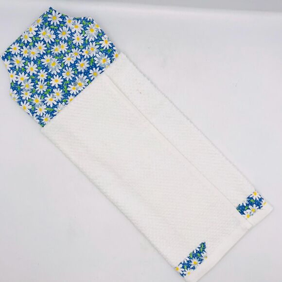 Hanging Kitchen Tea Towel, Button Closure, Cabinet Oven Towel Blue Daisy - Picture 8 of 9